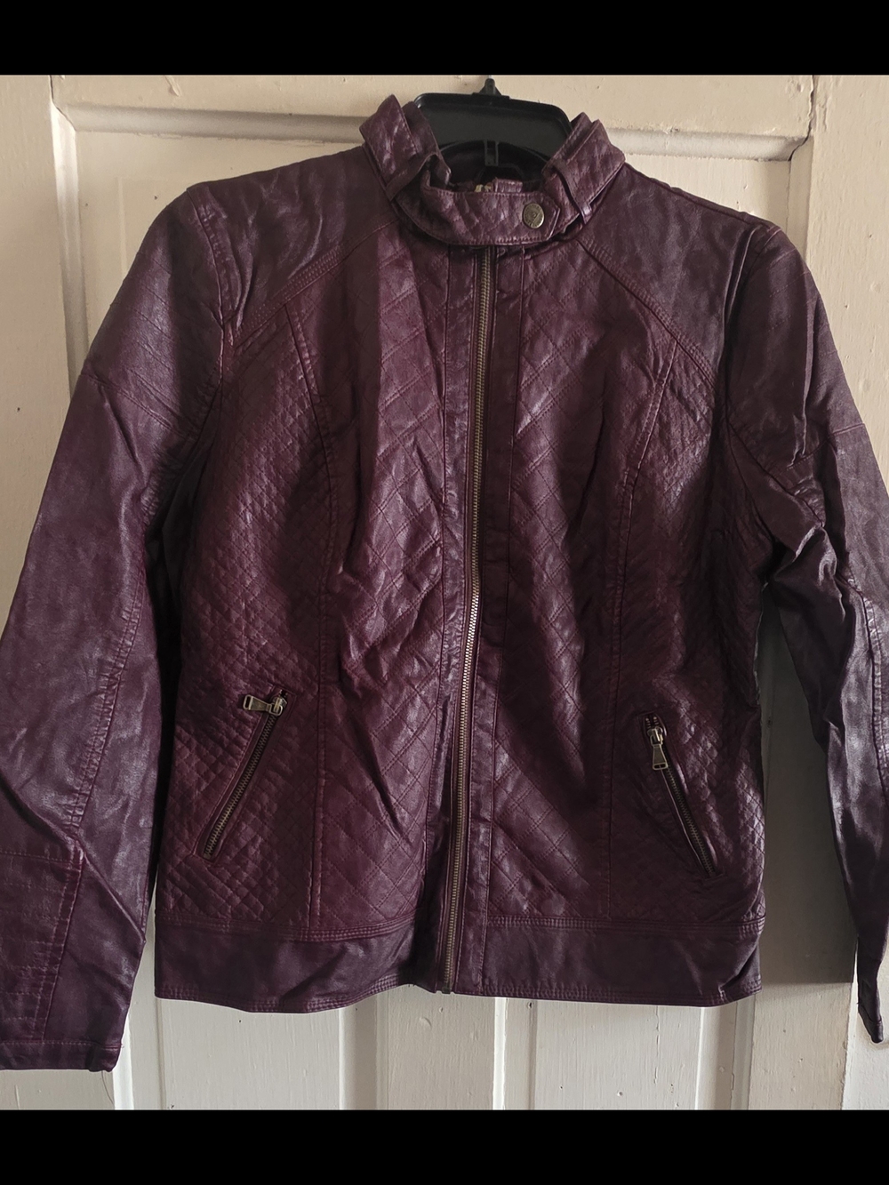 GUESS Los Angeles Quilted Faux Leather Moto Jacket Burgundy Wine Red Womens XL